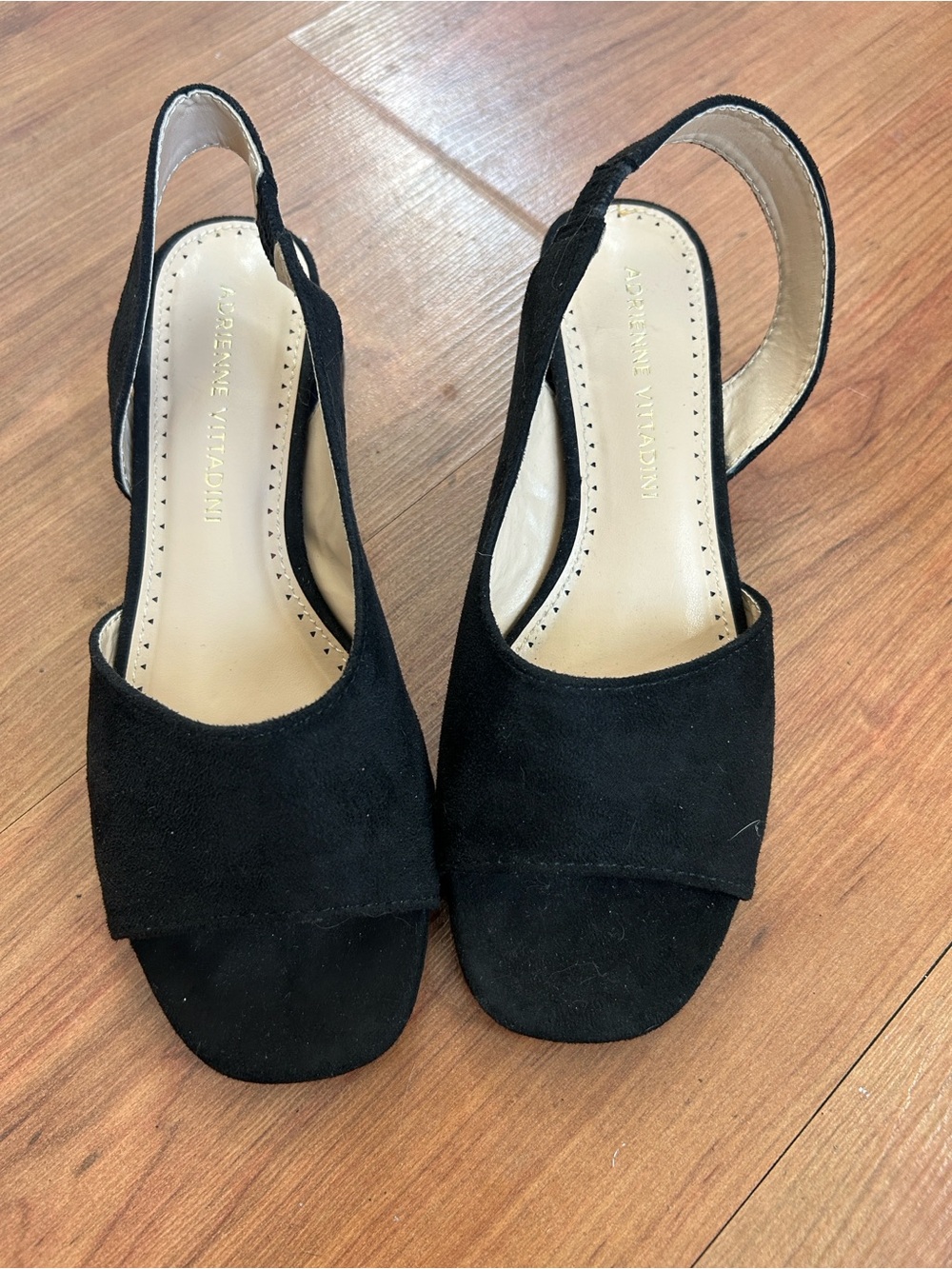 Adrienne Vittadini Black Suede Open-Toe Slingback Heels